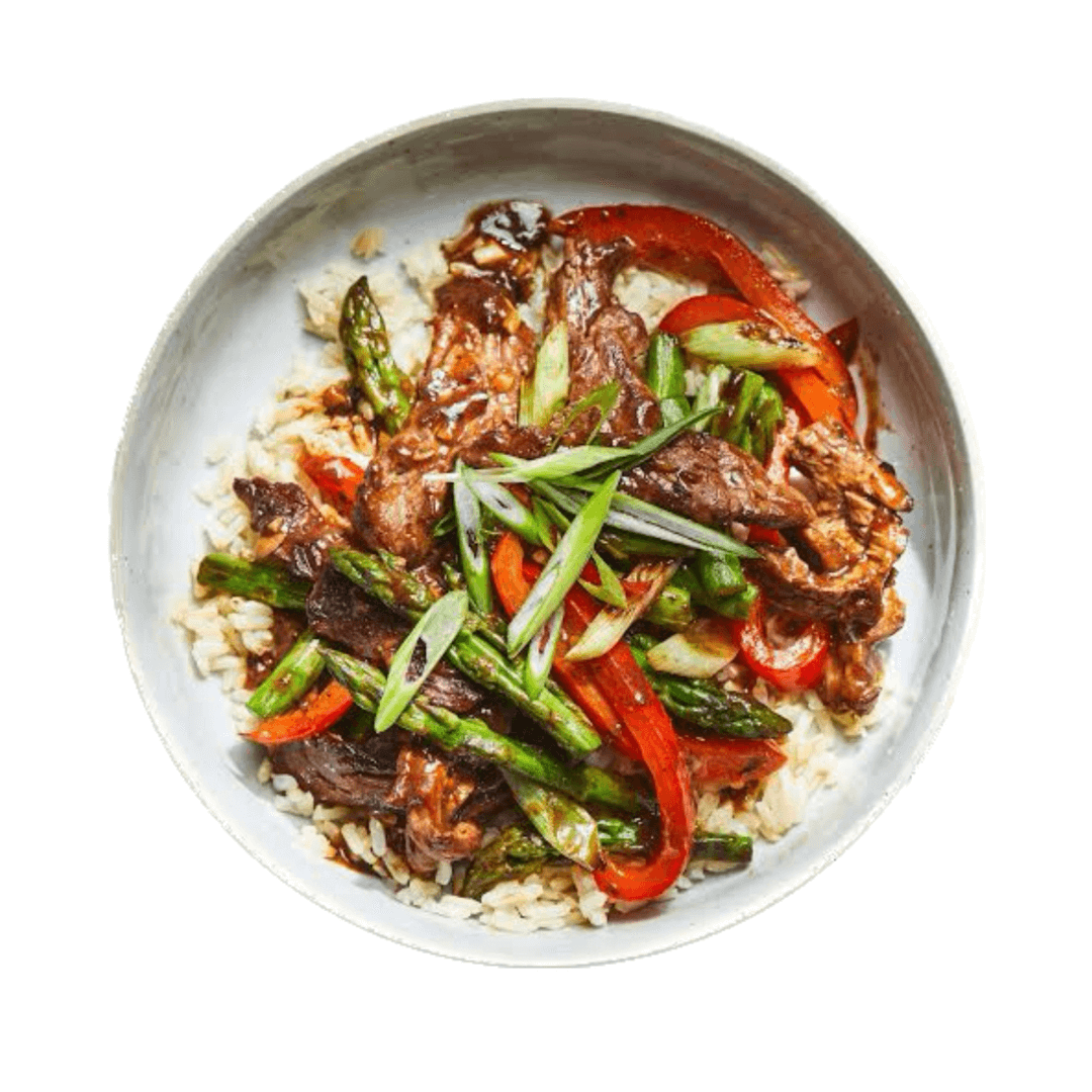 Beef & Vegetable Stir FryIndulge in our savory Lean Beef Stir-Fry, featuring locally sourced Mushrooms, Broccoli, and Red Capsicum, all artfully stir-fried in a delectable Garlic & Oyster Sauce. Served with wholesome Brown Rice Protein 40g Carbohydrates 2